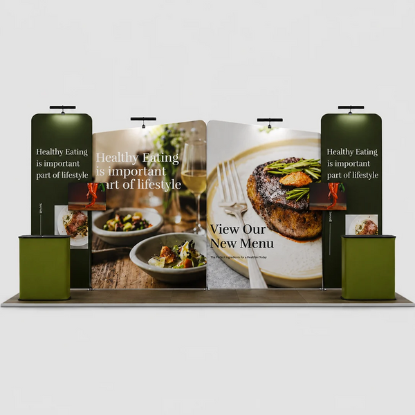 Kit de stand 6x3m avec murs inclinés, 2 comptoirs et supports TV