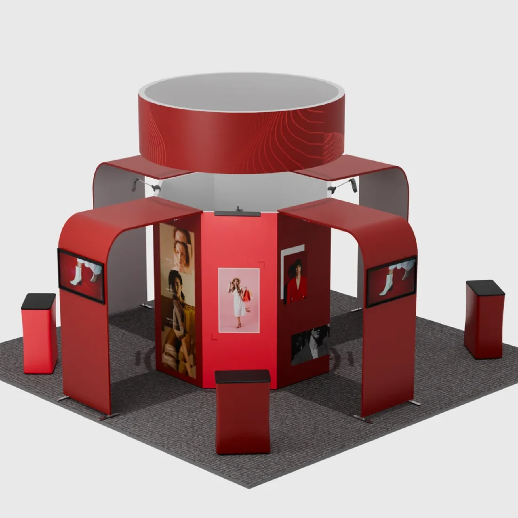 6x6m Island Booth with Circular Banner, TV Arches & 4 Counters