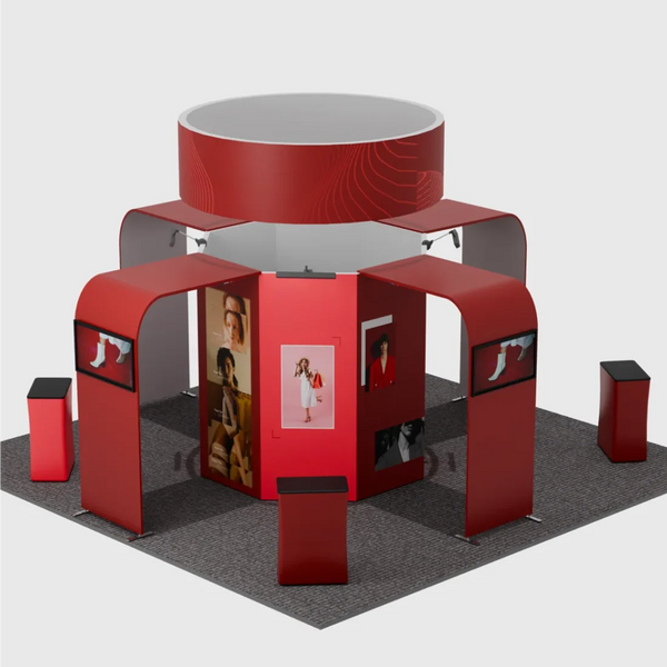 Stand îlot 6x6m avec bannière circulaire, arches TV et 4 comptoirs
