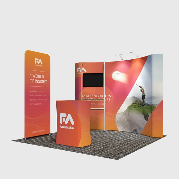 Kit de stand 3x3m avec paroi incurvée, tour porte-écran TV et bannière