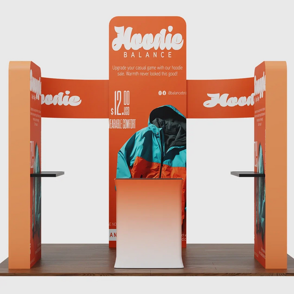Kit de stand 6x6m avec caissons muraux 3D, panneaux incurvés et comptoir