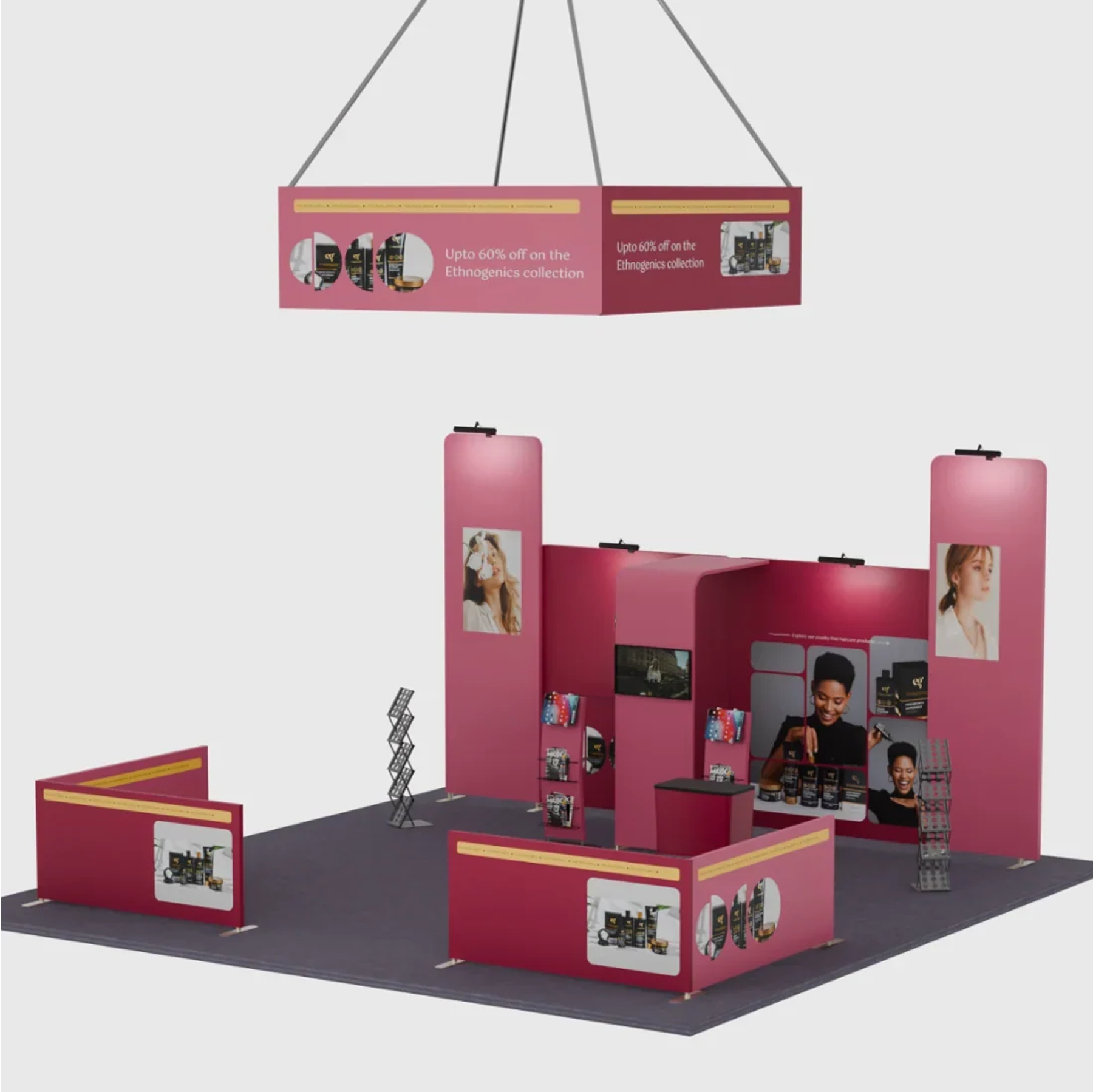 6x6m Booth Kit with Tension Walls, TV Arch & Brochure Stands