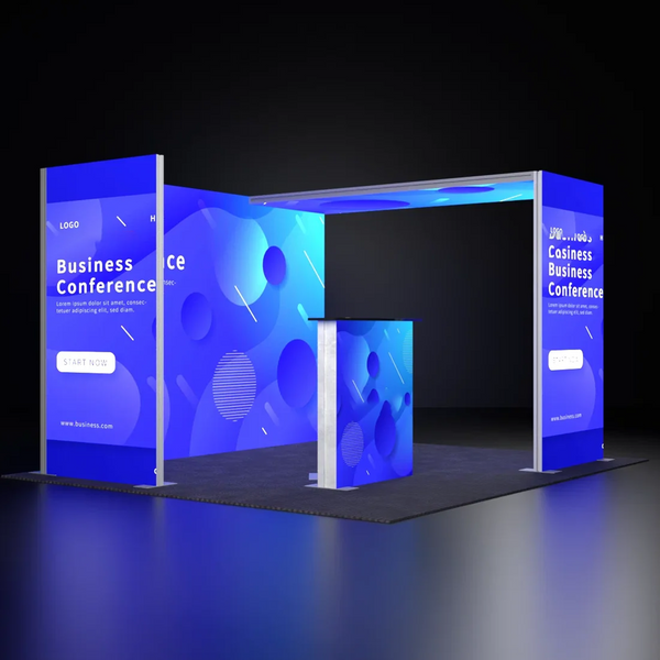 Kit de stand d'angle SEG rétroéclairé avec arche en L et comptoir lumineux