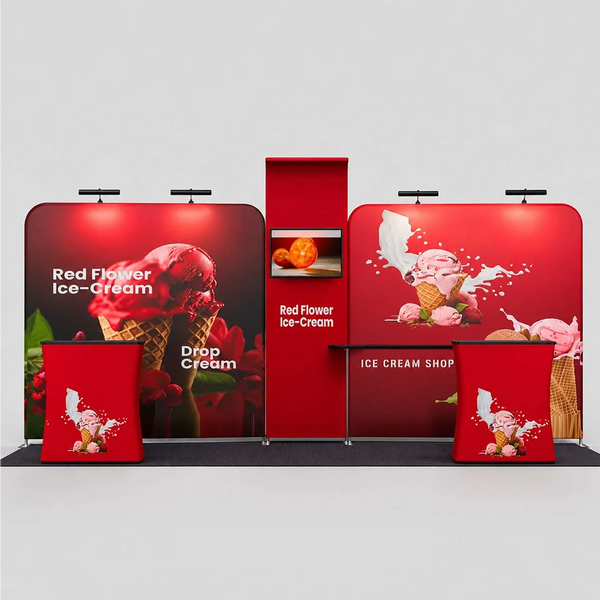 Kit de stand 3x6m avec mur de fond 6m, étagères TV en cascade et comptoirs