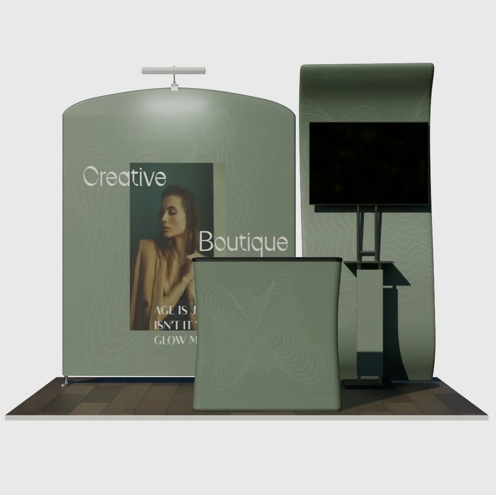 3x3m Booth Kit with S-Curve Wall & Sloped Arch, Counter & TV