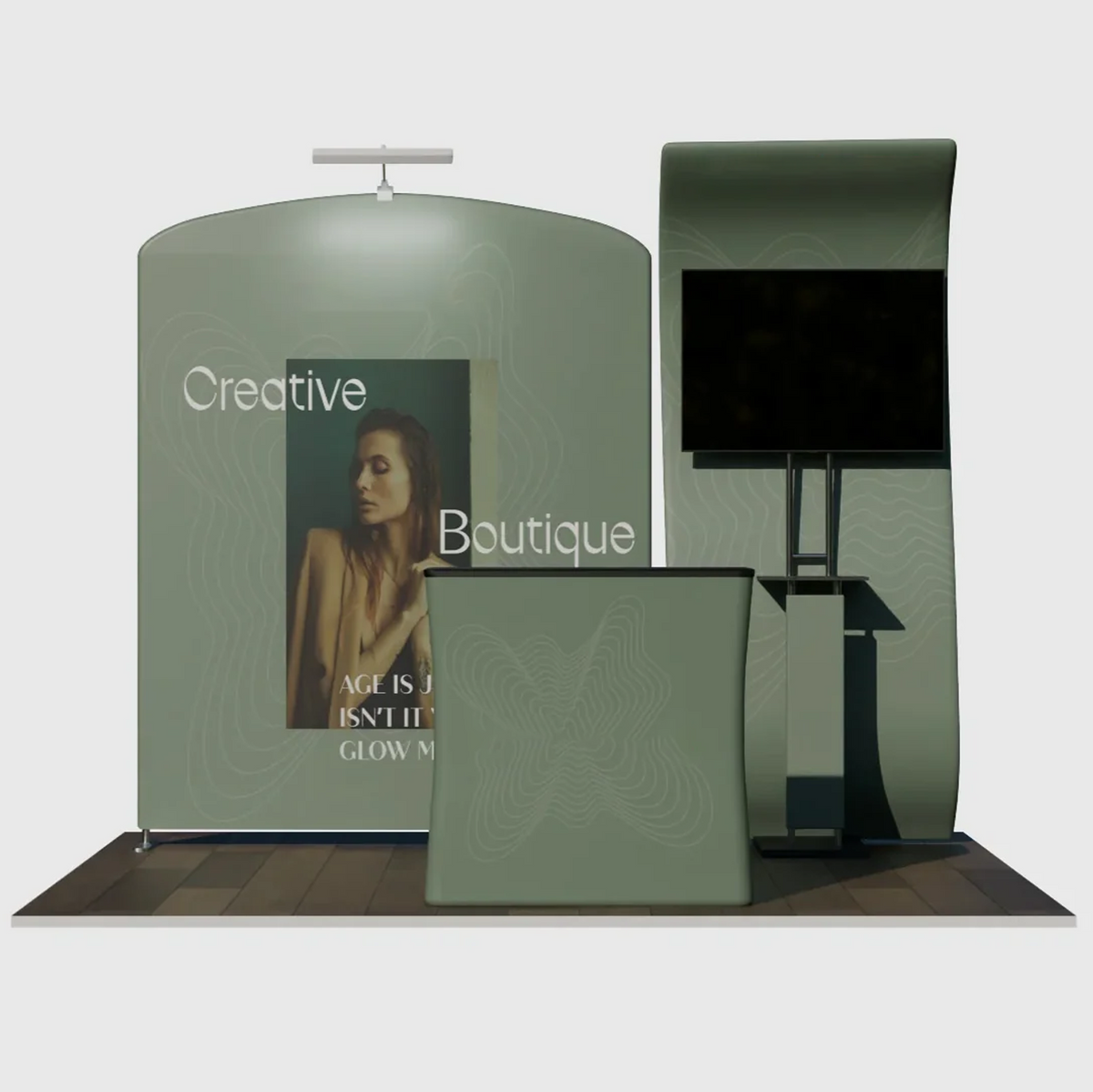3x3m Booth Kit with S-Curve Wall & Sloped Arch, Counter & TV