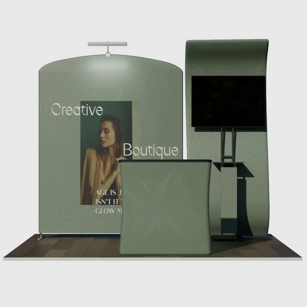 Kit de stand 3x3m avec paroi en S et arche inclinée, comptoir et écran TV