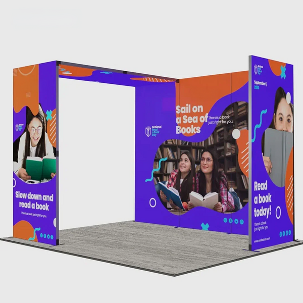 Kit de stand pliable SEG de 3 m avec mur arrière à 4 panneaux et arche en L
