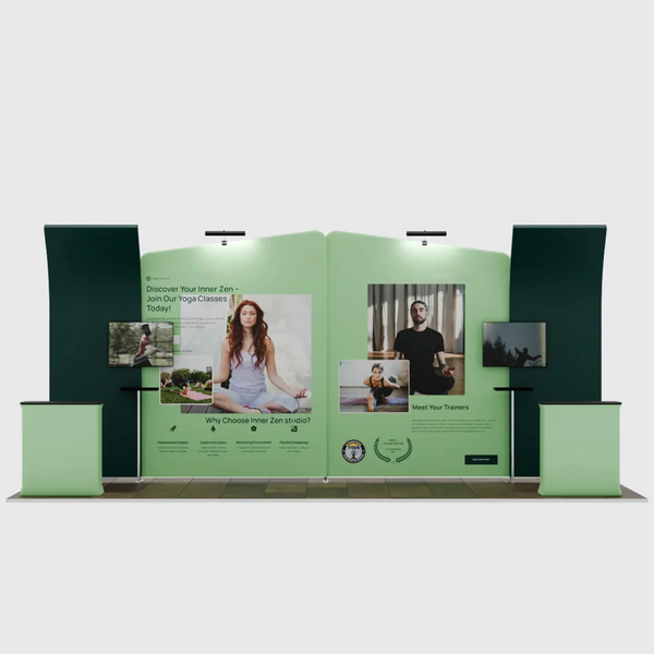 Kit de stand 6x3m avec murs inclinés et incurvés, 2 comptoirs et téléviseurs