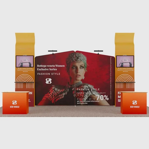 Kit de stand 6x3m avec parois inclinées, étagères 3D et supports TV