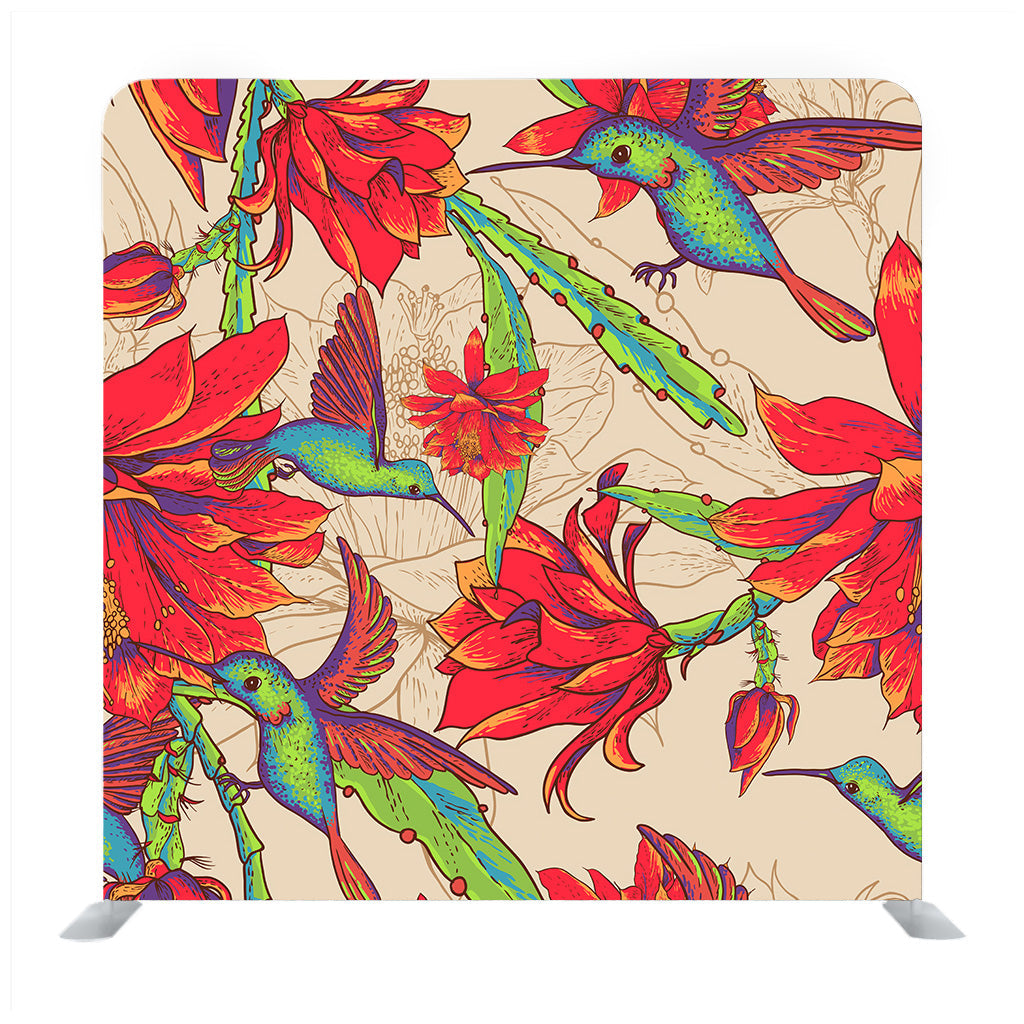 Beautiful Tropical Background Of Red Flowers And Hummingbirds Background Media Wall