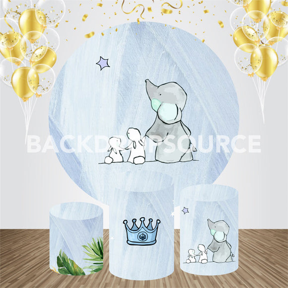 Cute Bunnies With Elephant Themed Event Party Round Backdrop Kit