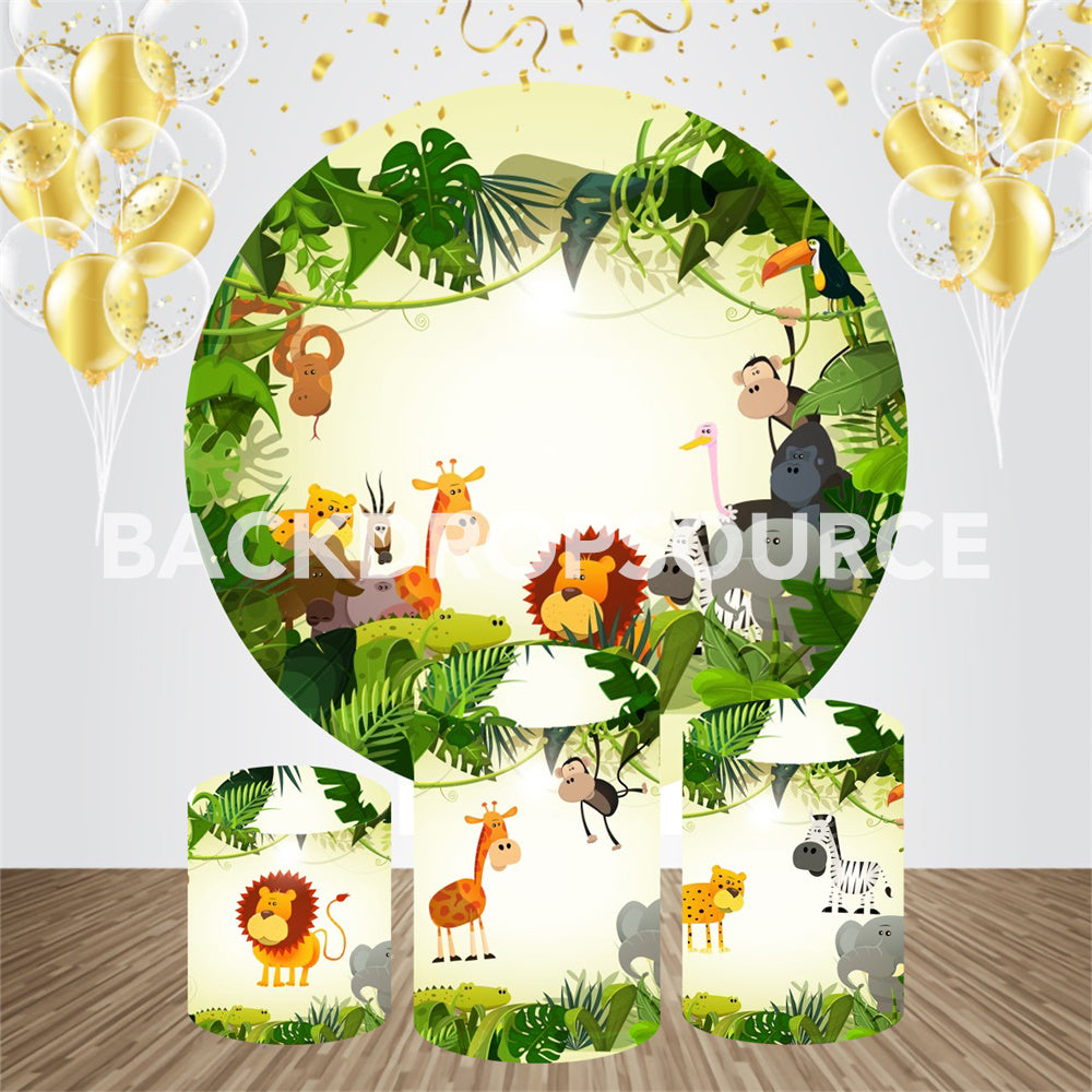 Cartoon Jungle And Animals Themed Birthday Event Party Round Backdrop Kit