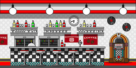 Retro Cafe Interior Flat Line Illustration Background