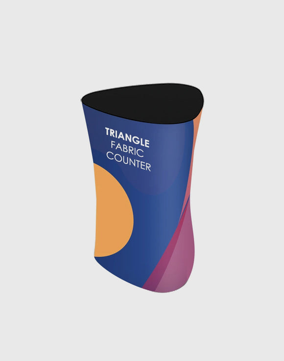 Triangular fabric display counter (for podium and stand exhibitions)