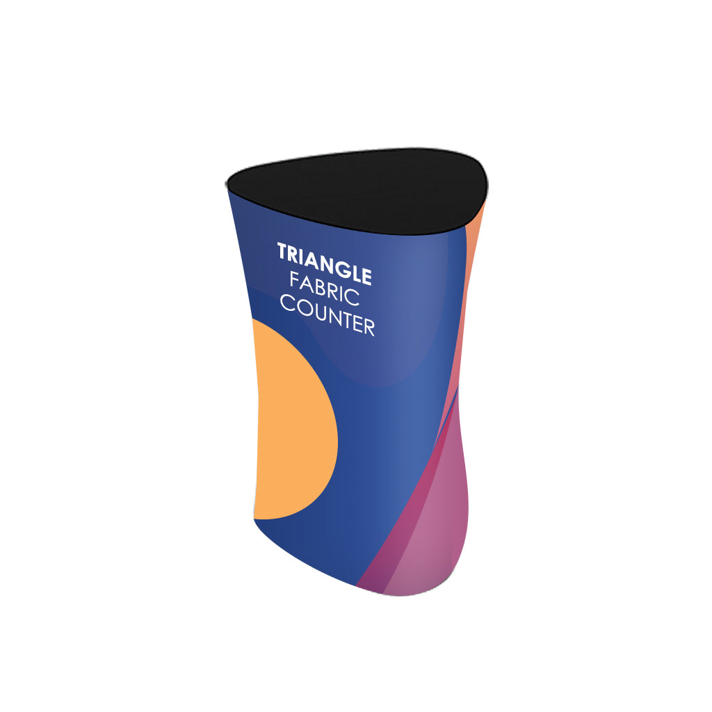 Triangular fabric display counter (for podium and stand exhibitions)