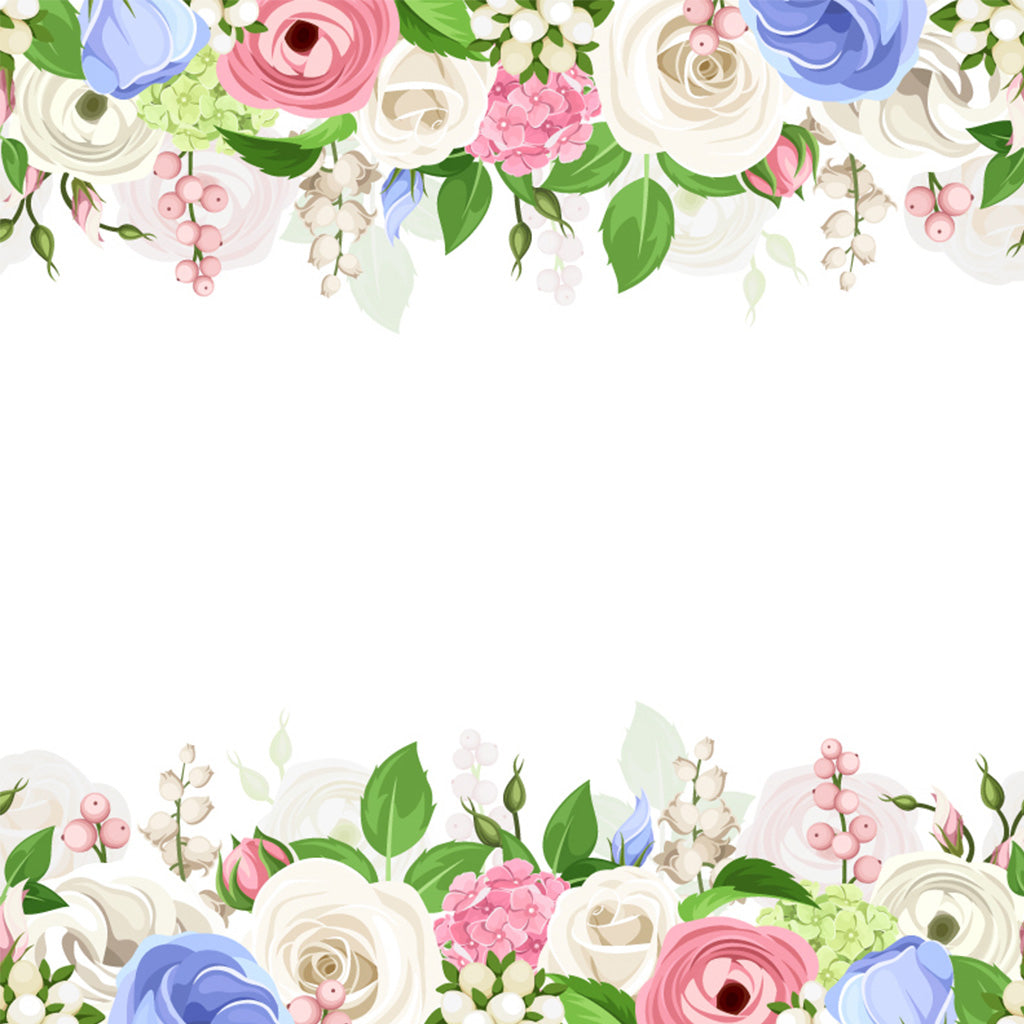 Pink, White , Blue, Roses Vector Horizontal Seamless Background